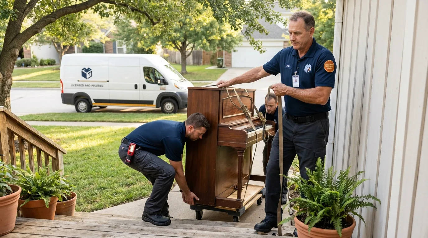 Licensed piano movers securing grand piano in Portland, MI