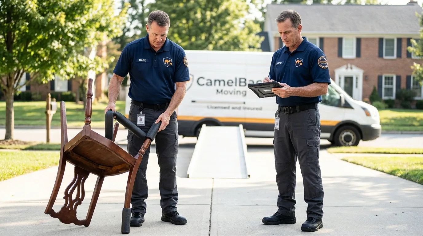 Movers inspecting furniture for damage prevention before loading in Portland, MI