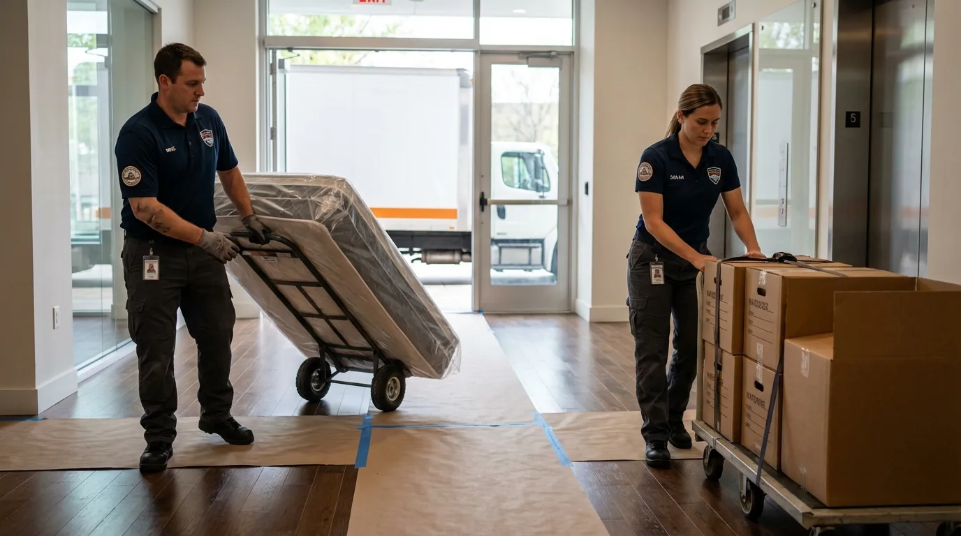 Professional apartment movers loading elevator in Portland, MI