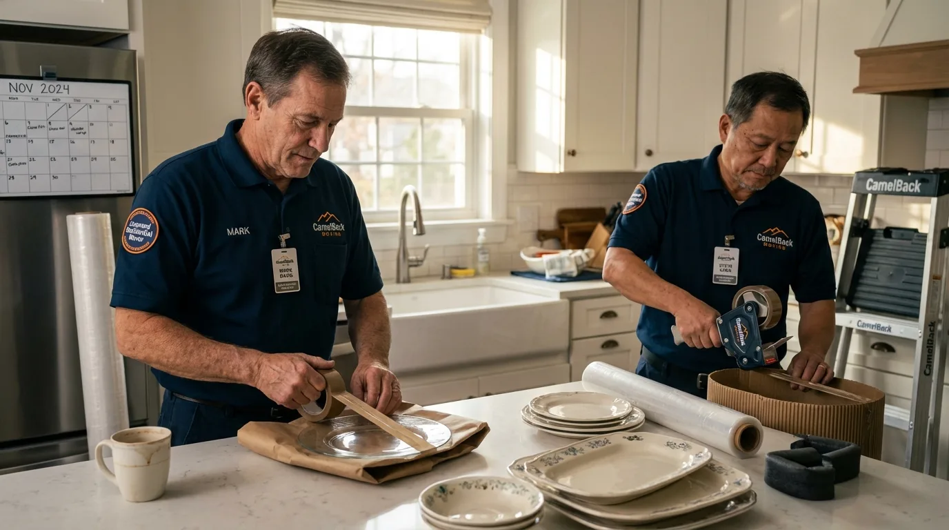 Professional crew packing kitchen dishware in Portland, MI
